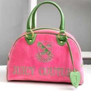 Juicy Couture VTG Y2K Pink Velvet Green Leather Trim Embroider Bowling Hand Bag